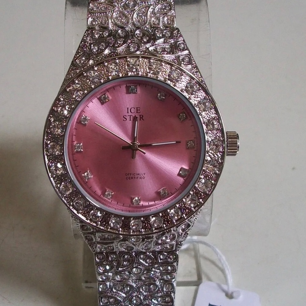 Men's Ice Star Silver Finish Pink Dial Nugget Style Bracelet Fashion Watch